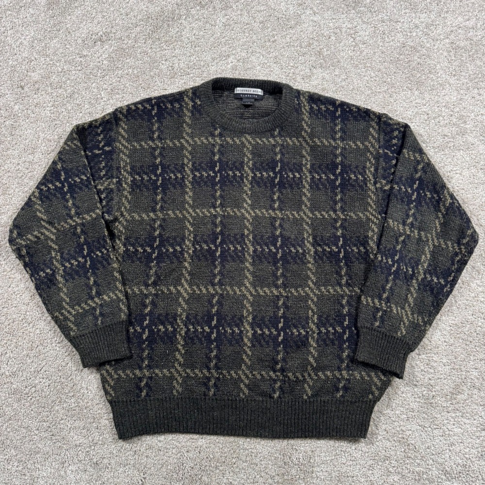 Geoffrey Beene Classics Mens Large Green Navy Blue Plaid Crewneck Sweater